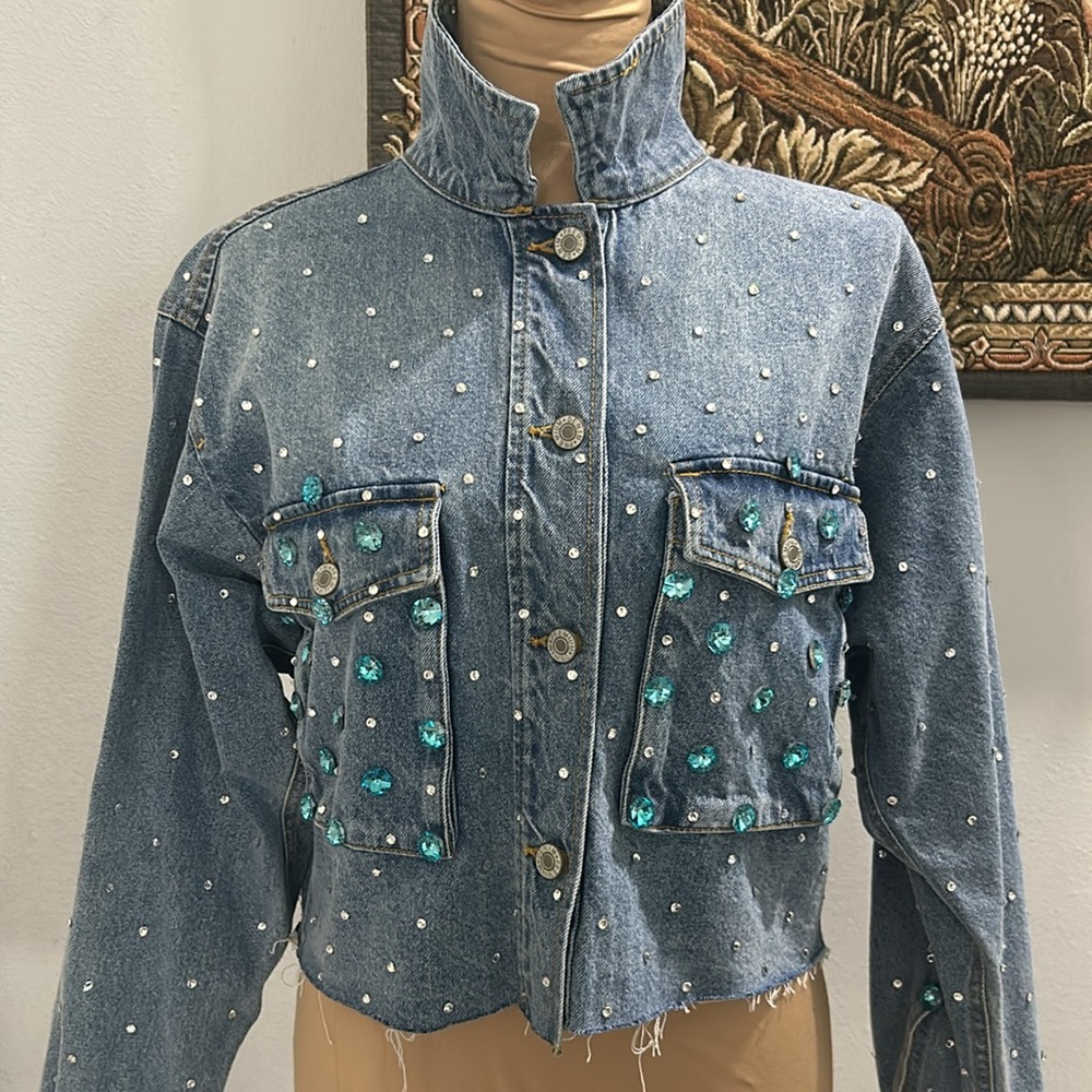 Custom Made Evil Eye New With Tags Love Tree Bling Denim Cut off Jacket. Size M - Picture 4 of 17
